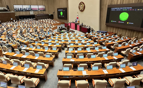 The Special Act for the Livelihood Recovery Support Funds passes on Aug. 2 in the National Assembly plenary session, with 186 out of 187 attending members voting in favor, and one against, out of the 300 total members. [JEON MIN-GYU]