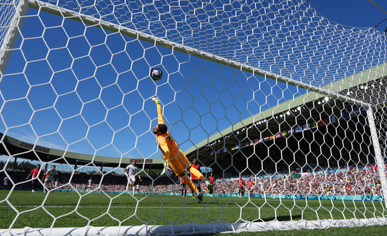 Egypt's goalkeeper Hamza Alaa concedes a goal during the men's bronze medal match against Morocco in Nantes, France on Thursday.  [XINHUA/YONHAP]