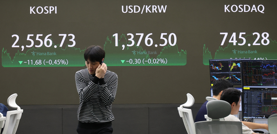 A screen in Hana Bank's trading room in central Seoul shows the Kospi closing at 2,556,73 points on Thursday, down 0.45 percent, or 11.68 points, from the previous trading session. The Kosdaq dropped 0.44 percent, or 3.26 points, to 745.28. [YONHAP] 