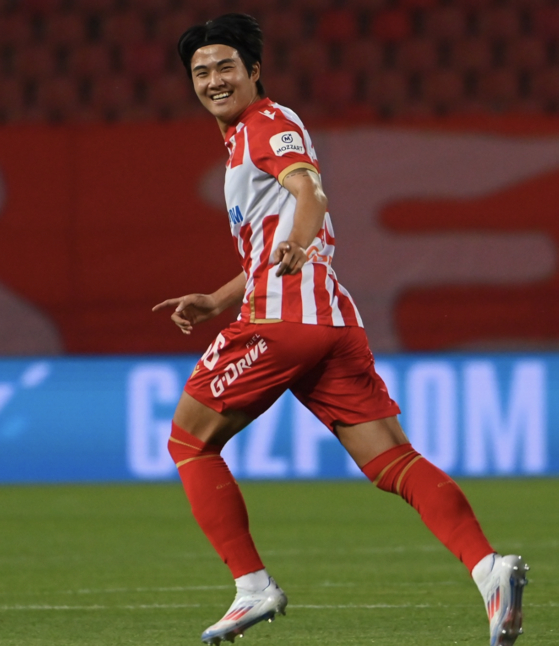 Red Star Belgrade's Seol Young-woo reacts after scoring in a match against Novi Pazar on Saturday at Red Star Stadium in Belgrade, Serbia in a photo shared to the official Red Star Belgrade Instagram account. [SCREEN CAPTURE]