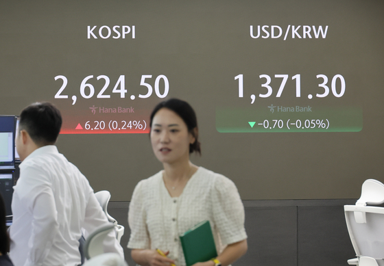 A screen in Hana Bank's trading room in central Seoul shows the Kospi opening on Monday. [YONHAP]