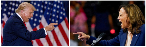 Republican candidate and former President Donald Trump gestures during a rally in St. Cloud, Minnesota, July 27. Vice President and Democratic candidate Kamala Harris is seen in a similar pose while holding a campaign rally in Philadelphia on August 6. (REUTERS/YONHAP)