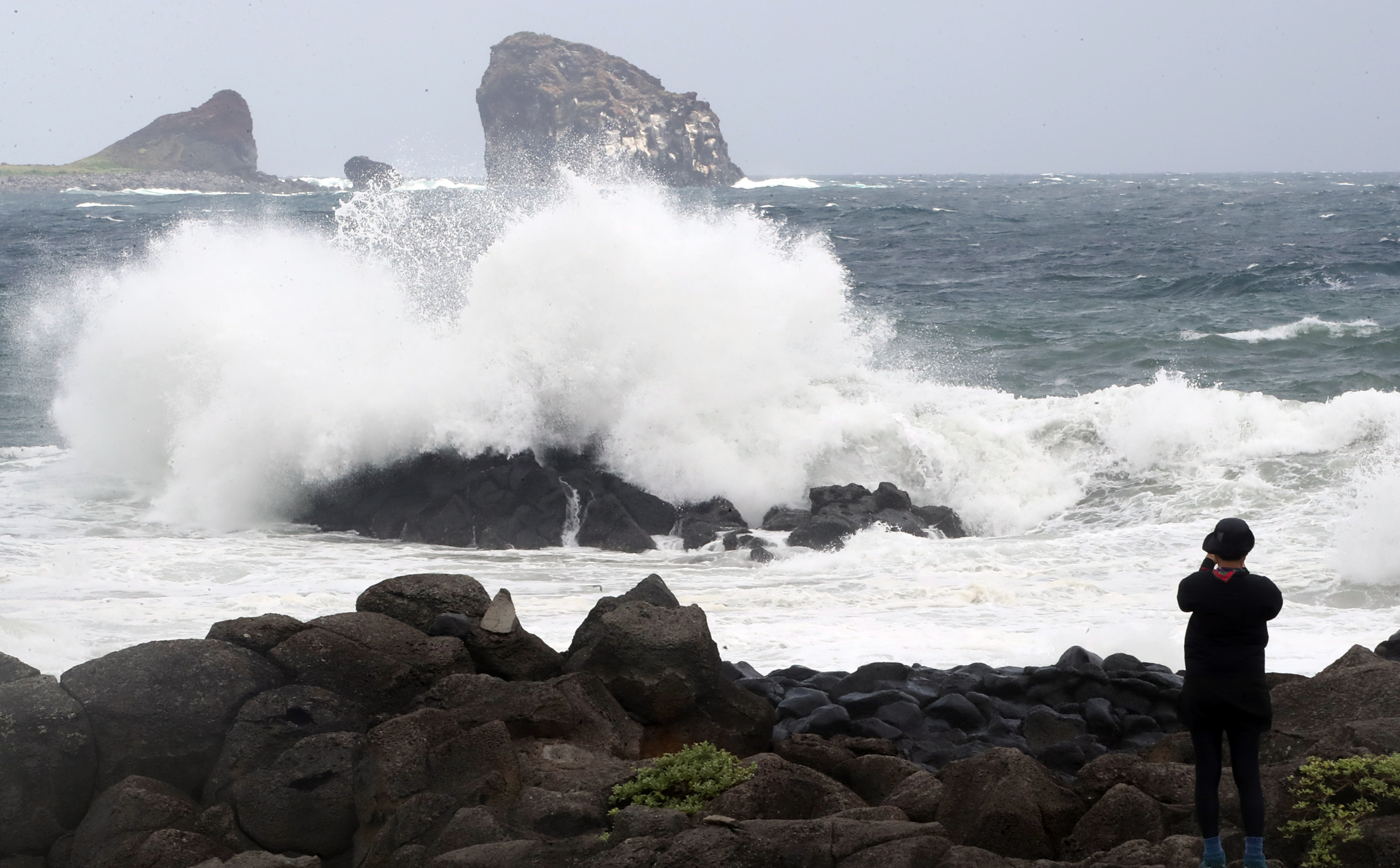 Rough waves heave in the coastal waters of Sagye-ri, Seogwipo City on Jeju Island, on Tuesday as a typhoon alert was issued for the region. Typhoon Jongdari continues its northward advance and is expected to make landfall near Seosan, South Chungcheong, on Wednesday morning. [NEWS1]