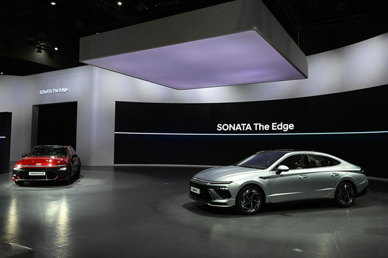 Hyundai Motor Group's Sonata The Edge models are displayed at the 2023 Seoul Mobility Show, previously known as the Seoul Motor Show. [HYUNDAI MOTOR GROUP]