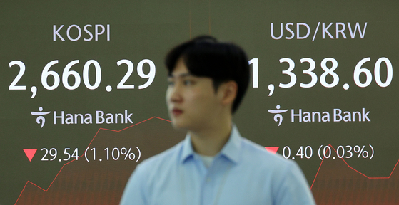 A screen in Hana Bank's trading room in central Seoul shows the Kospi opening on Thursday. [YONHAP]