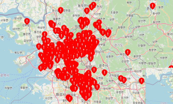 A screen capture of a map by which individuals can look up which schools have been affected and their locations. The map was allegedly created by a middle school student after he heard that his classmates also fell victim to recent deepfake crimes. (SCREEN CAPTURE)