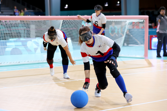 The Korean women's goalball team compete against France at the 2024 Paris Paralympic Games in Paris on Saturday. [KOREA PARALYMPIC COMMITTEE]