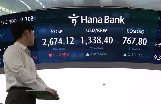 A screen in Hana Bank's trading room in central Seoul shows the Kospi opening on Monday. [YONHAP]