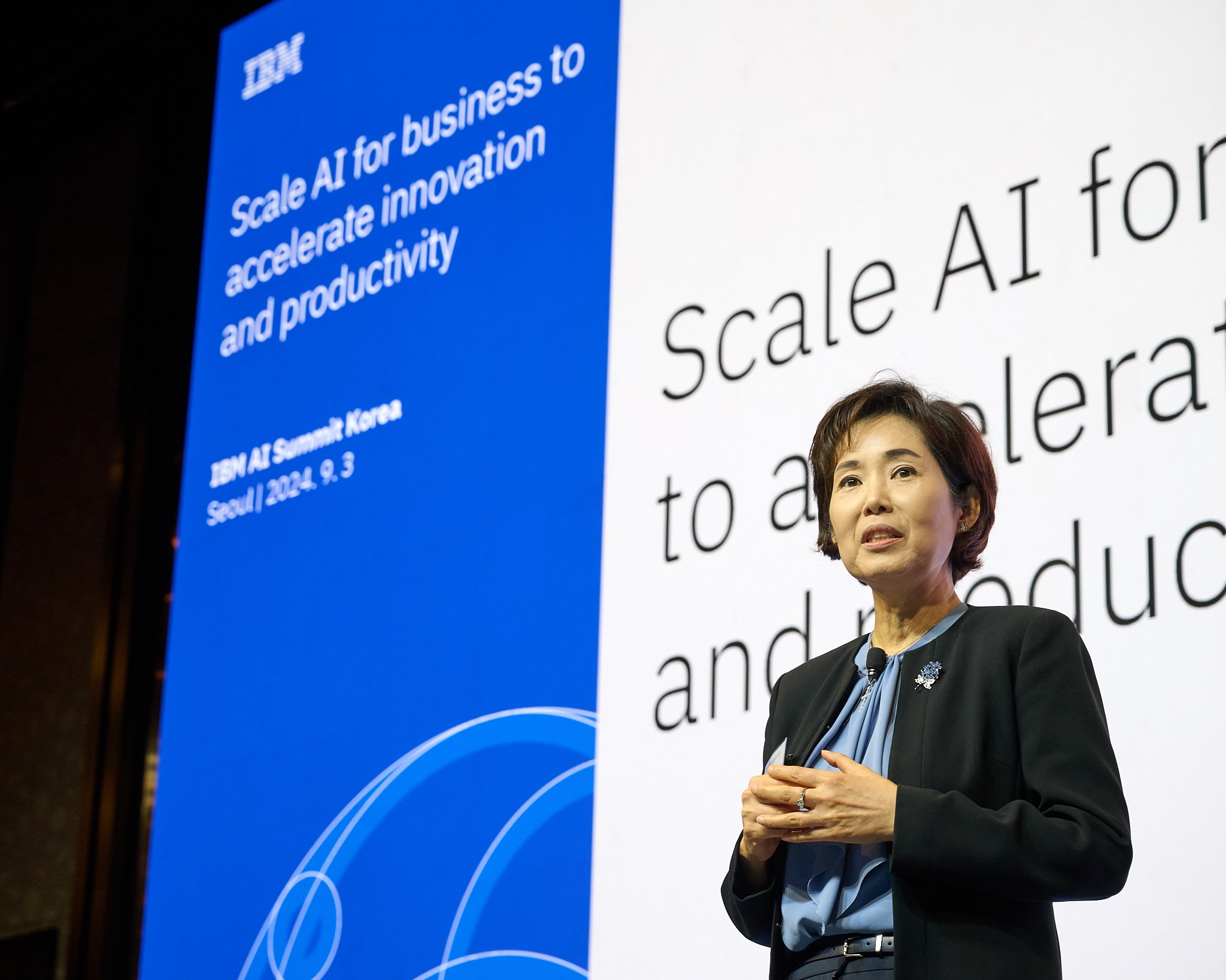 IBM Korea CEO Lee Eun-joo speaks at the IBM AI Summit Korea held at the Grand Intercontinental Seoul Parnas in Southern Seoul on Tuesday. [IBM]