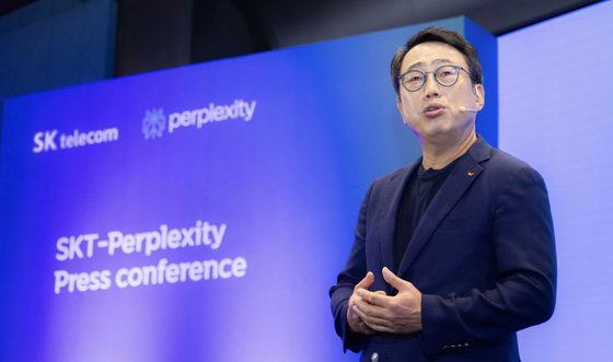 SK Telecom's CEO Ryu Young-sang speaks at the press event to introduce SK Telecom and Perplexity's partnership at SK Telecom's headquarters in central Seoul on Wednesday. [SK TELECOM]