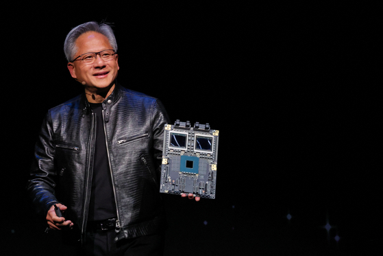 Nvidia CEO Jensen Huang presents Nvidia's Blackwell platform at an event ahead of the Computex forum in Taipei, Taiwan in June. [REUTERS]