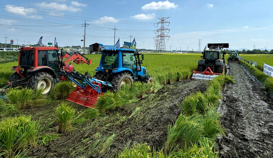 Rice farmers in Yesan county, South Chungcheong, plow paddies on Thursday. [YONHAP]