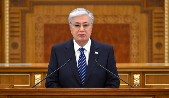 Kazakh President Kassym-Jomart Tokayev speaks during a State of the Nation address at the House of the Parliament in Astana on Monday. [EMBASSY OF KAZAKHSTAN]