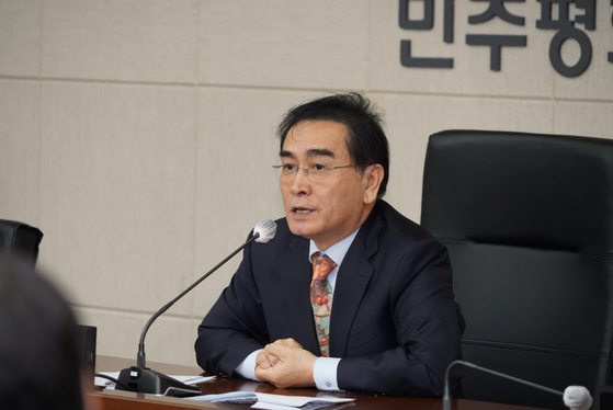 Tae Yong-ho, secretary-general of the Peaceful Unification Advisory Council, speaks during a press briefing on Wednesday at the council's conference room. [PEACEFUL UNIFICATION ADVISORY COUNCIL]