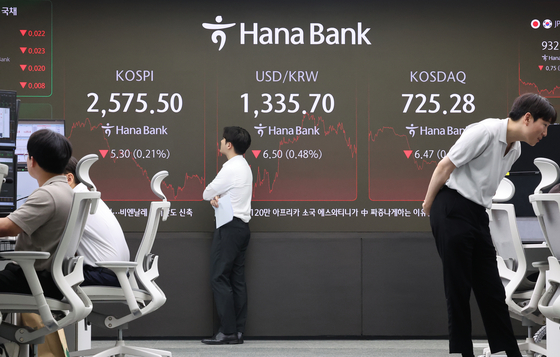 A screen in Hana Bank's trading room in central Seoul shows the Kospi closing on Thursday. [YONHAP]