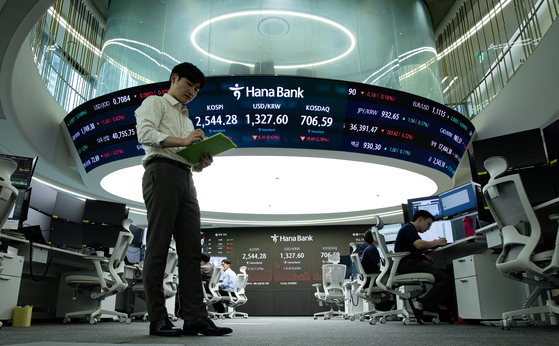 A screen in Hana Bank's trading room in central Seoul shows the Kospi closing at 2,544.28 points on Friday, down 31.22 points, or 1.21 percent, from the previous trading session. [NEWS1]