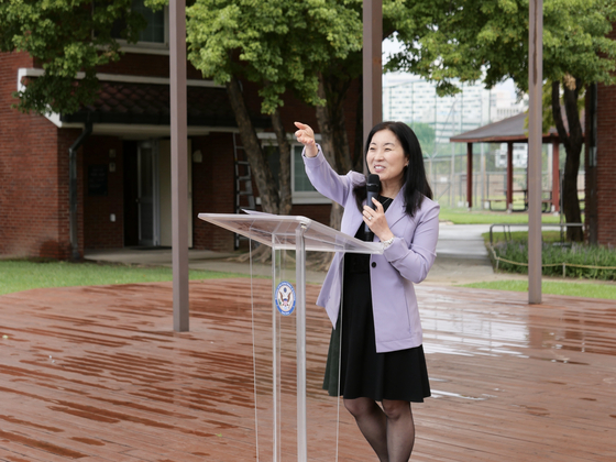 Joy Sakurai, deputy chief of mission at the U.S. Embassy in Seoul, gives opening remarks at a kick-off ceremony for American Diplomacy House Academy at the Yongsan Family Park in central Seoul on Friday. [U.S. EMBASSY IN SEOUL]