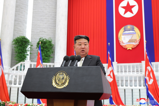 North Korean leader Kim Jong-un delivers a speech in Pyongyang on Monday on the occasion of North Korea's 76th birthday, in this photo provided by the North's official Korean Central News Agency. [YONHAP]