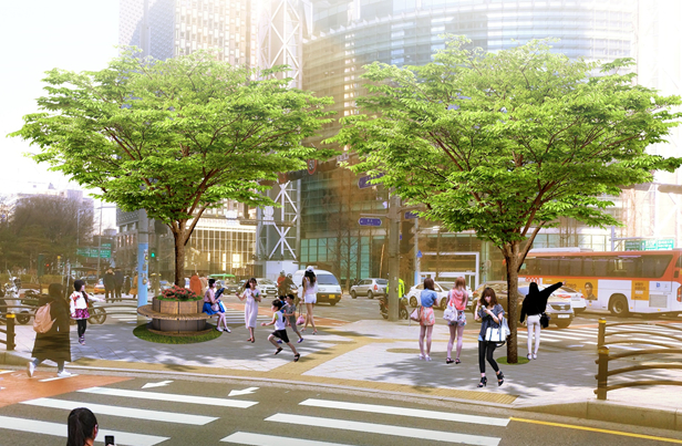 A rendered image provided by the Seoul city government on Tuesday shows pedestrians walking past trees planted along a roadside. [SEOUL METROPOLITAN GOVERNMENT]