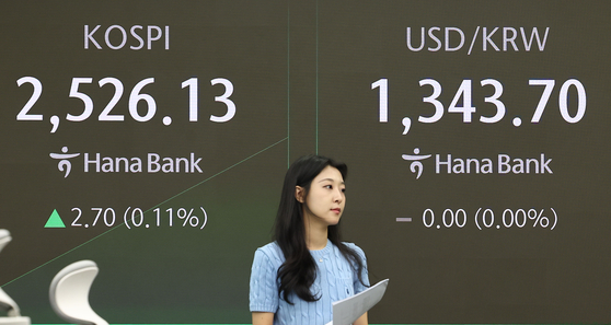 A screen in Hana Bank's trading room in central Seoul shows the Kospi opening on Wednesday. [YONHAP]