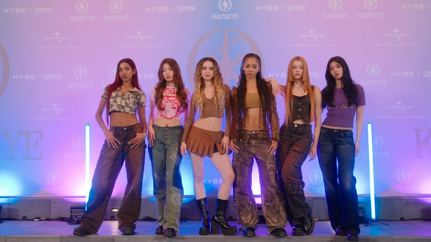 Girl group Katseye poses for photos during a press conference held on Sept. 11 at HYBE's headquarters in Yongsan, central Seoul. [HYBE]