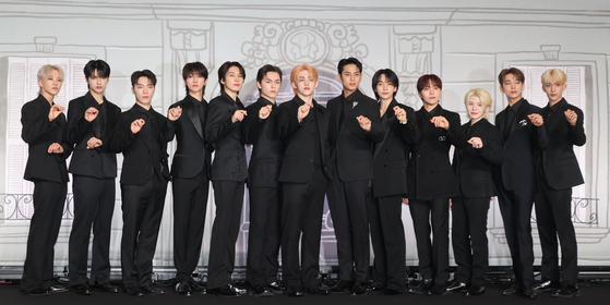 Seventeen poses for a photo at press conference for album ″17 Is Right Here″ in Conrad Seoul in Yeongdeungpo District, western Seoul, on April 29, 2024. [YONHAP]