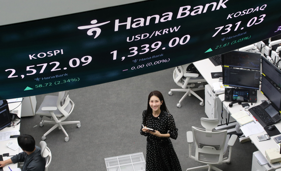 A screen in Hana Bank's trading room in central Seoul shows the Kospi closing at 2,572.09 points on Thursday, up 58.72 points, or 2.30 percent, from the previous trading session.[NEWS1]