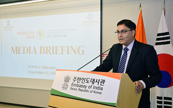 Indian Ambassador to Korea Amit Kumar speaks about the 10th Sarang: The Festival of India during a media briefing on Thursday at the Embassy of India in central Seoul. [EMBASSY OF INDIA IN SEOUL]