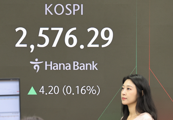 A screen in Hana Bank's trading room in central Seoul shows the Kospi opening on Friday. [YONHAP]