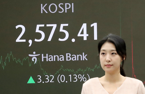 A screen in Hana Bank's trading room in central Seoul shows the Kospi closing at 2,575.41 points on Friday, up 3.32 points, or 0.13 percent, from the previous trading session. [NEWS1] 