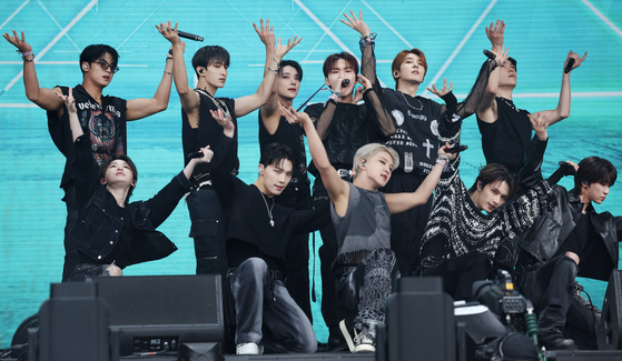 Boy band Seventeen performs at the Pyramid stage on day three of the Glastonbury Festival at Worthy Farm near Pilton, Somerset, Britain, on June 28. [EPA/YONHAP]