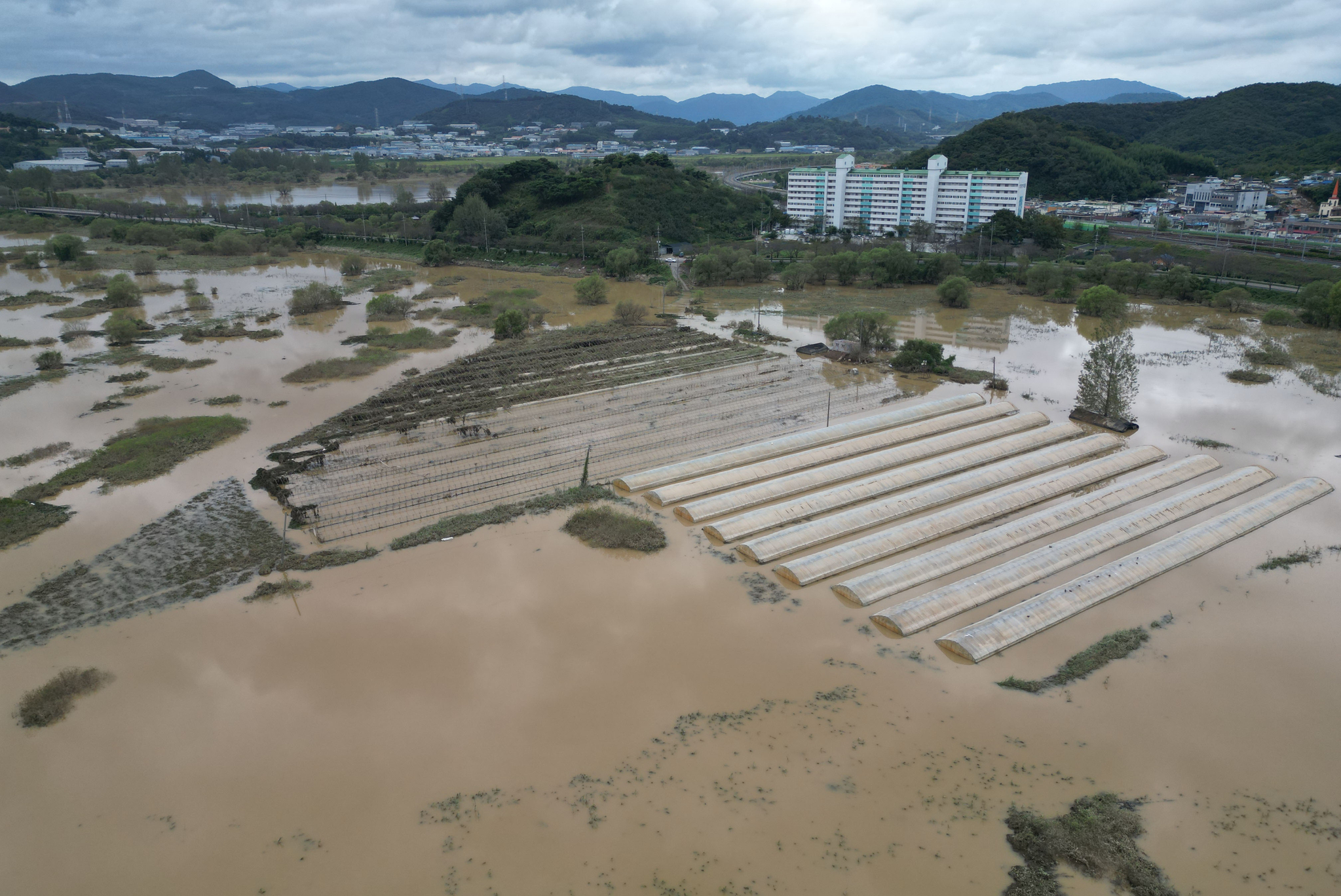 Agricultural land and a public park in South Chungcheong are flooded by heavy rainfall which ended on Saturday. [YONHAP] 