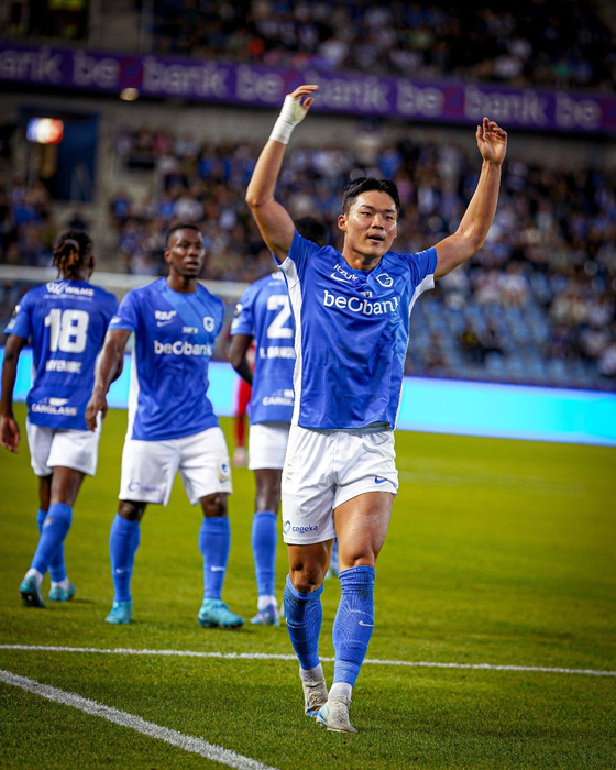 KRC Genk forward Oh Hyeon-gyu celebrates scoring a goal during a Belgian Pro League match against Dender in a photo shared on Genk's official Instagram account on Sunday. [SCREEN CAPTURE]