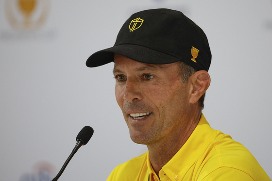 Assistant Captain Mike Weir of the International Team takes part in a press conference during a practice round prior to the 2022 Presidents Cup at Quail Hollow Country Club in Charlotte, North Carolina on Sept. 21, 2022.  [GETTY IMAGES]