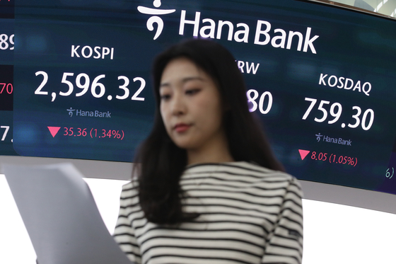 A screen in Hana Bank's trading room in central Seoul shows the Kospi closing at 2,596.32 points on Tuesday. [NEWS1]