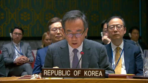 South Korean Foreign Minister Cho Tae-yul speaks during a meeting of the U.N. Security Council at the U.N. headquarters in New York on Sept. 25, 2024, in this photo captured from U.N. Web TV. [YONHAP]