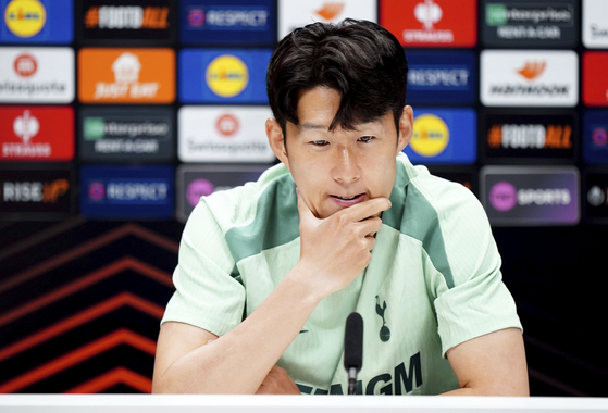 Tottenham Hotspur's Son Heung-min, speaks at a press conferece at Hotspur Way Training Ground in London on Wednesday ahead of their Europa League match against Qarabag FK. [AP/YONHAP] 