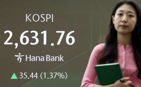 A screen in Hana Bank's trading room in central Seoul shows the Kospi opening on Thursday. [YONHAP]