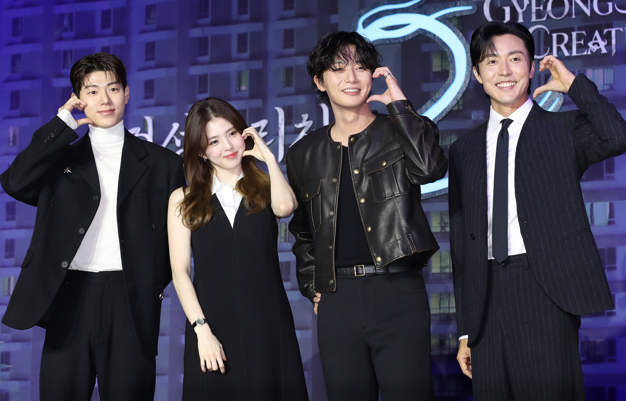 From left, actors Bae Hyeon-seong, Han So-hee, Park Seo-jun and Lee Mu-saeng pose for a photo during a press conference held in Yongsan District, central Seoul, on Wednesday for the upcoming second season of Netflix series ″Gyeongseong Creature.″ [NEWS1] 