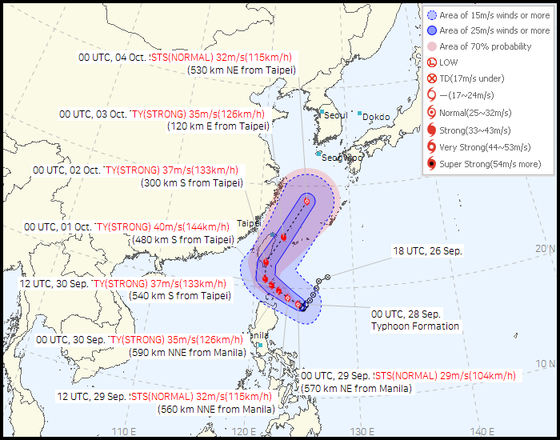 The Korea Meteorological Administration's anticipated route of Typhoon Krathon as of 10:30 a.m. Sunday [KOREA METEOROLOGICAL ADMINISTRATION]