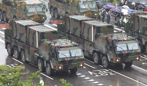 A Hyunmoo missile, a key asset of South Korea's "three-axis" deterrence system, is showcased during a parade in central Seoul on Oct. 26, 2023, as part of the 75th Armed Forces Day celebrations. [KIM JONG-HO]