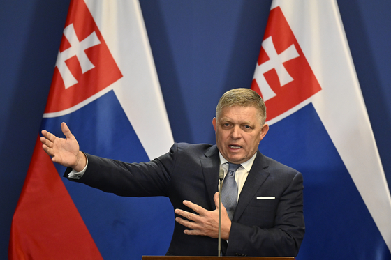 Slovakia's Prime Minister Robert Fico speaks during a press conference with Hungary's Prime Minister Viktor Orban at the Carmelite Monastery in Budapest, Hungary, on Jan. 16. [AP/YONHAP]