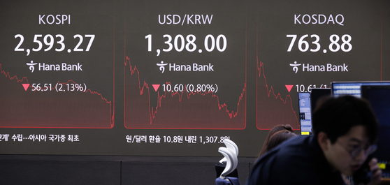 A screen in Hana Bank's trading room in central Seoul shows the Kospi closing at 2,593.27 on Monday. [YONHAP]