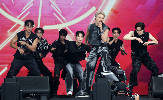 Boy band Seventeen performs at the Pyramid stage on day three of the Glastonbury Festival at Worthy Farm near Pilton, Somerset, Britain, on June 28. [EPA/ANDY RAIN]