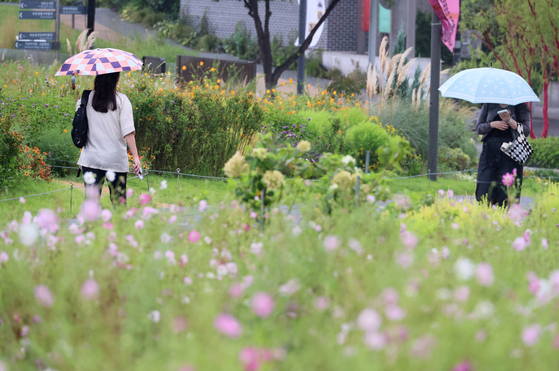 People walk in Seoul with umbrellas under the rain on Tuesday. Temperatures are expected to significantly drop after the rain. [YONHAP] 