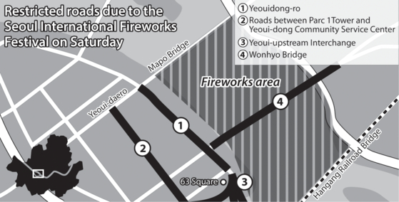 Restricted roads due to the Seoul International Fireworks Festival on Saturday [NAM JUNG-HYUN]