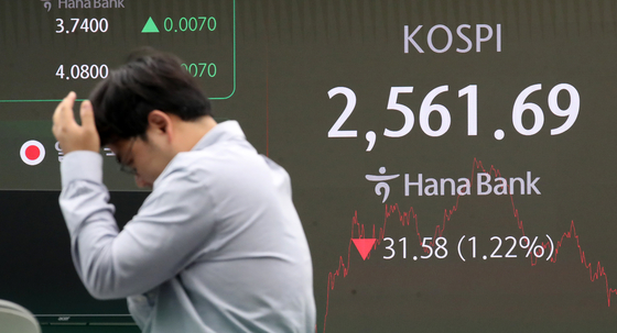 A screen in Hana Bank's trading room in central Seoul shows the Kospi closing at 2,561.69 on Wednesday. [NEWS1] 