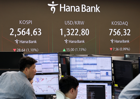 A screen in Hana Bank's trading room in central Seoul shows the Kospi opening on Wednesday. [NEWS1]