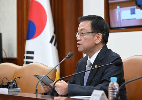 Minister of Economy and Finance Choi Sang-mok speaks during an economic ministerial meeting held at the government complex in central Seoul on Wednesday. [MINISTRY OF ECONOMY AND FINANCE]