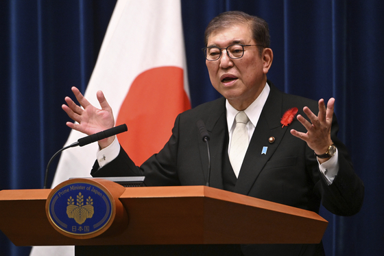 Newly elected Japanese Prime Minister Shigeru Ishiba speaks in his inaugural press conference at the prime minister's office in Tokyo Tuesday. [AP/YONHAP]